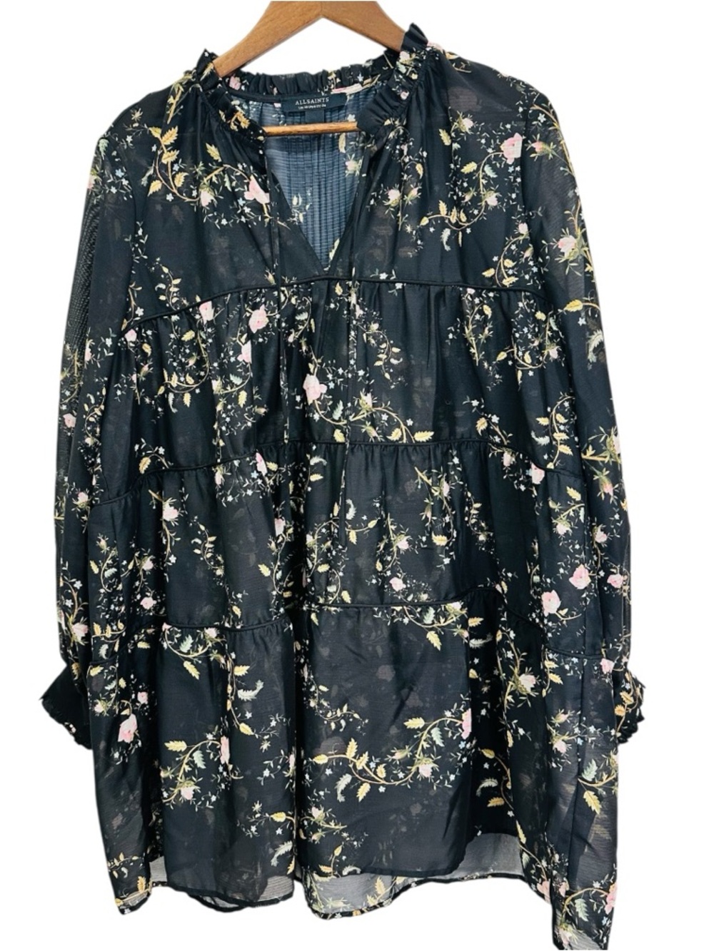 AllSaints Mandy Oto Mini Dress US 6 Black Floral Tiered Ruffle Neck Boho - Picture 2 of 8